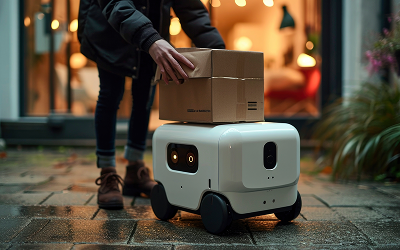 adult person interacting with futuristic delivery robot